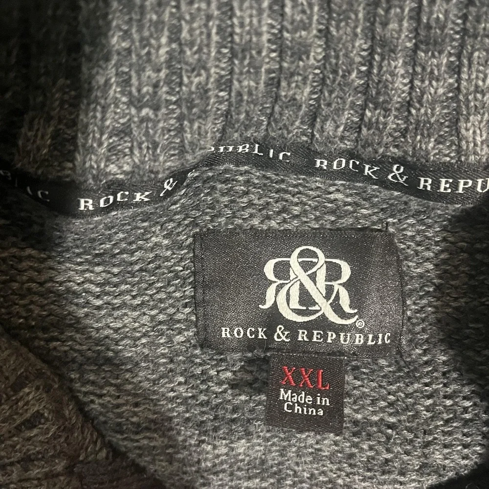 Rock & Republic Sweater Mens 2XL Gray Full Zip Mock Neck Knit Pockets Ribbed Hem